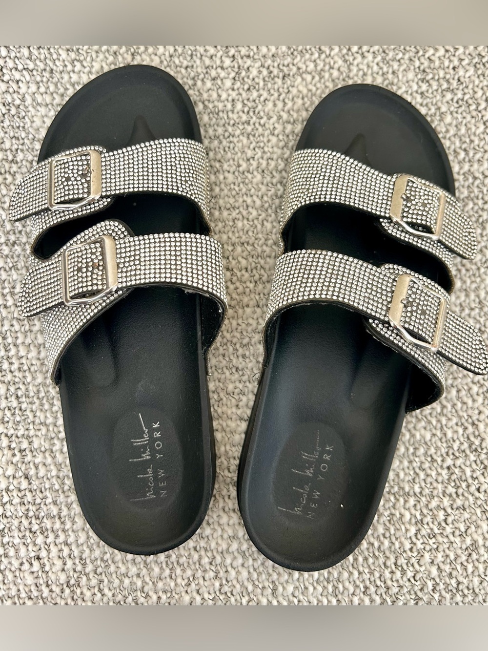 Nicole Miller NY Silver Rhinestone Buckle Decor Slides Sandals Size 41 (US 10)